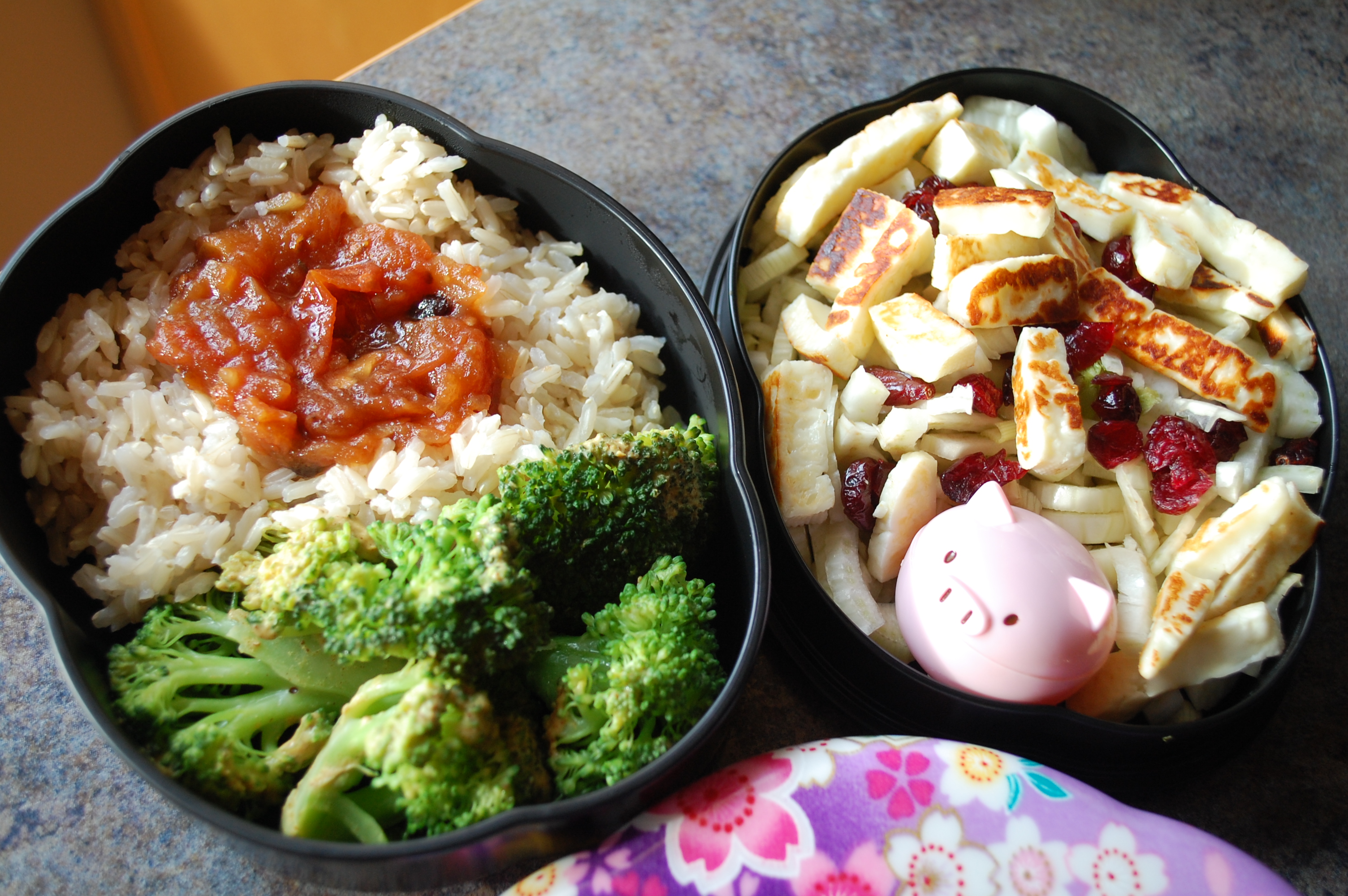 Brown rice, broccoli, feta and halloumi salad